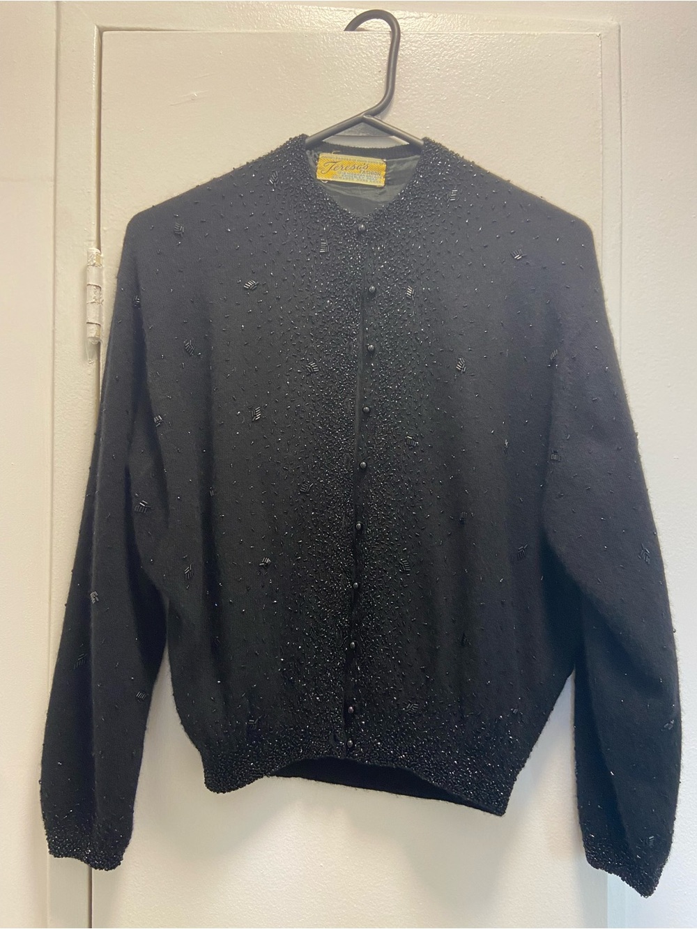 Classic Black Beaded Button-Front Cardigan